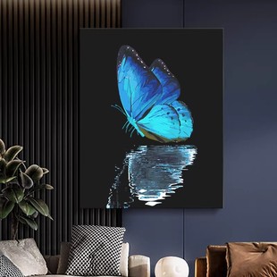蓝色蝴蝶装饰画成品横版梦幻高级感现代简约卧室客厅餐厅玄关挂画