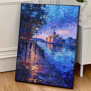 布达佩斯城堡雨夜数装饰画仿油画风景建筑唯美梦幻卧室客厅摆挂画