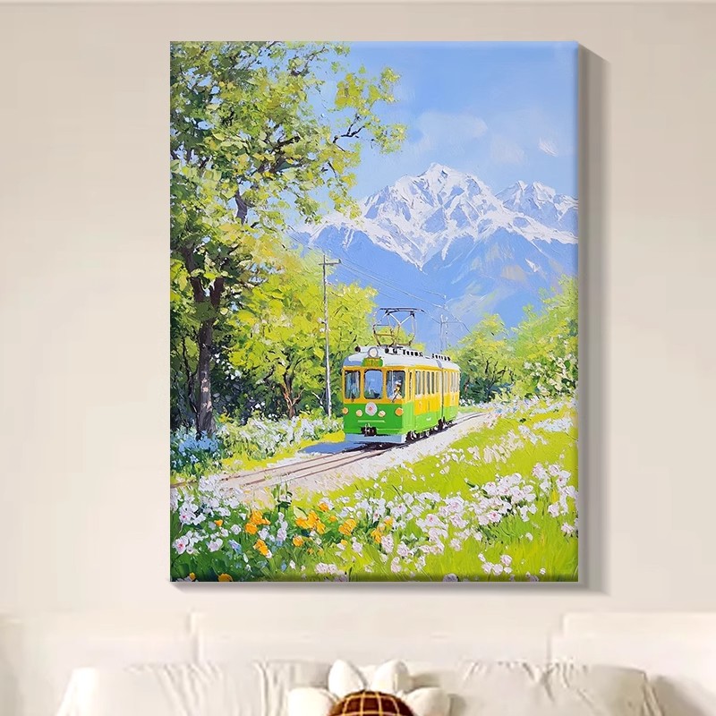 开向春天的火车装饰画成品仿油画风景小清新唯美儿童房卧室摆挂画图片