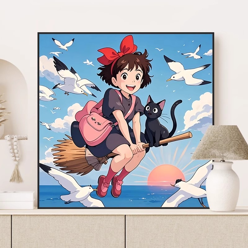 宫崎骏魔女宅急便装饰画卡通人物成品仿油画风方形儿童卧室摆挂画图片
