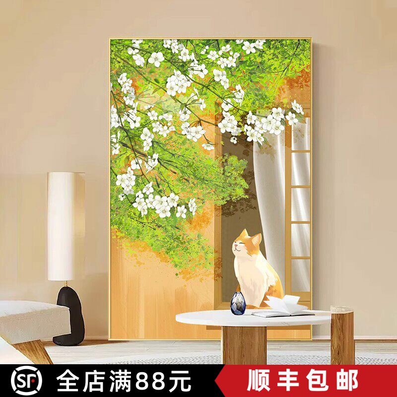 北欧ins风客厅装饰画简约花卉小猫仿油画风景唯美卧室客厅摆挂画