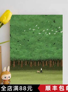 绿色森林小清新装饰画成品仿油画风景小众高级感卧室客厅玄关挂画