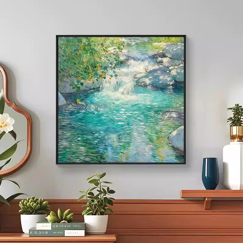 莫奈溪流方形装饰画成品仿油画风景复古小众高级感卧室客厅摆挂画