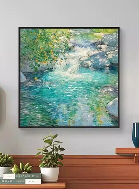 莫奈溪流方形装饰画成品仿油画风景复古小众高级感卧室客厅摆挂画