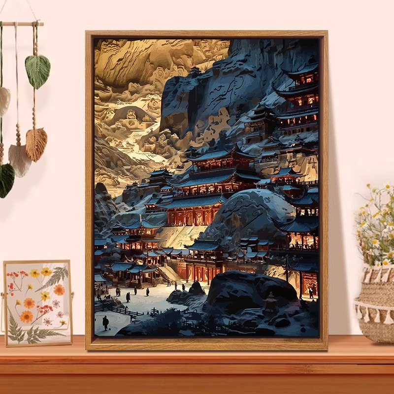 中国风敦煌莫高窟装饰画成品仿油画风景建筑高级感卧室客厅摆挂画图片