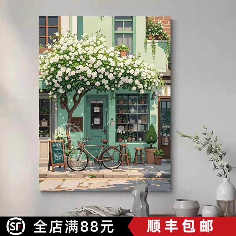 城市建筑治愈装饰画成品仿油画风景卡通小清新氛围卧室客厅摆挂画