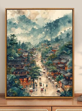 中国风清明上河装饰画仿油画风景成品唯美高级感艺术卧室客厅挂画