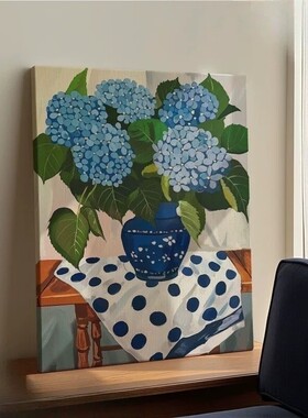 奶油风花卉蓝色绣球装饰画法式复古高级感小众艺术卧室客厅摆挂画