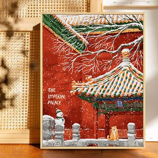 故宫建筑装饰画成品仿油画风景国风新中式卡通唯美卧室客厅摆挂画