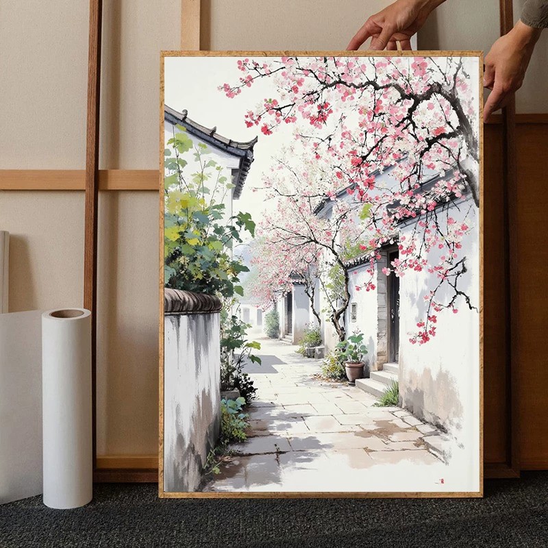 江南水墨风桃花装饰画中国古风景唯美小清新高级感卧室客厅摆挂画