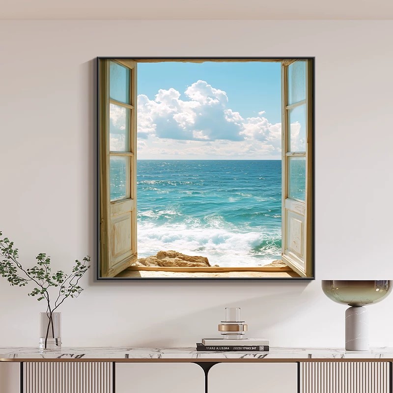 北欧方形窗户装饰画仿油画大海风景唯美简约高级感卧室客厅摆挂画图片
