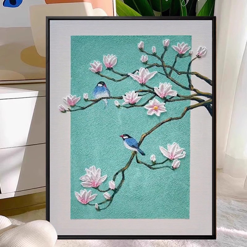 中国风玉兰花卉装饰画成品仿油画风景水墨清新高级感卧室客厅挂画图片
