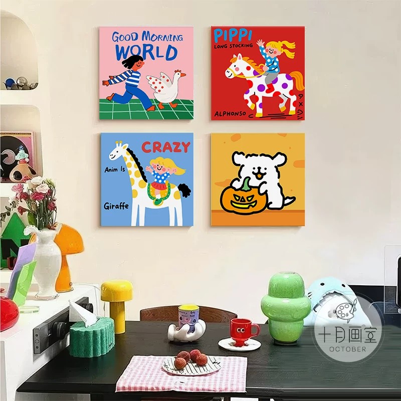 ins风治愈系餐厅装饰画卡通趣味客厅壁画奶油儿童房卧室床头挂画