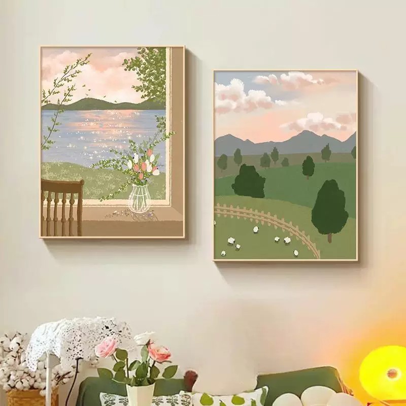 北欧卡通奶油风景装饰画小众创意小清新唯美氛围感卧室客厅摆挂画