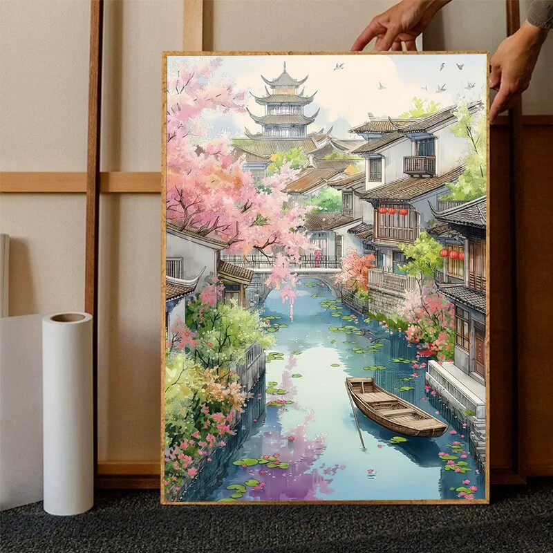 江南风景装饰画国风仿油画唯美清新高级感氛围小众卧室客厅摆挂画