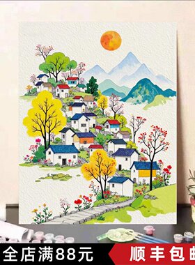 卡通房子树木装饰画成品仿油画风景简约清新氛围感卧室客厅摆挂画