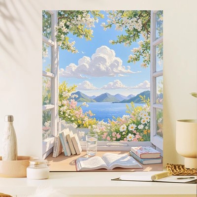 奶油风远山风景装饰画成品仿油画清新山水唯美喷印卧室客厅摆挂画