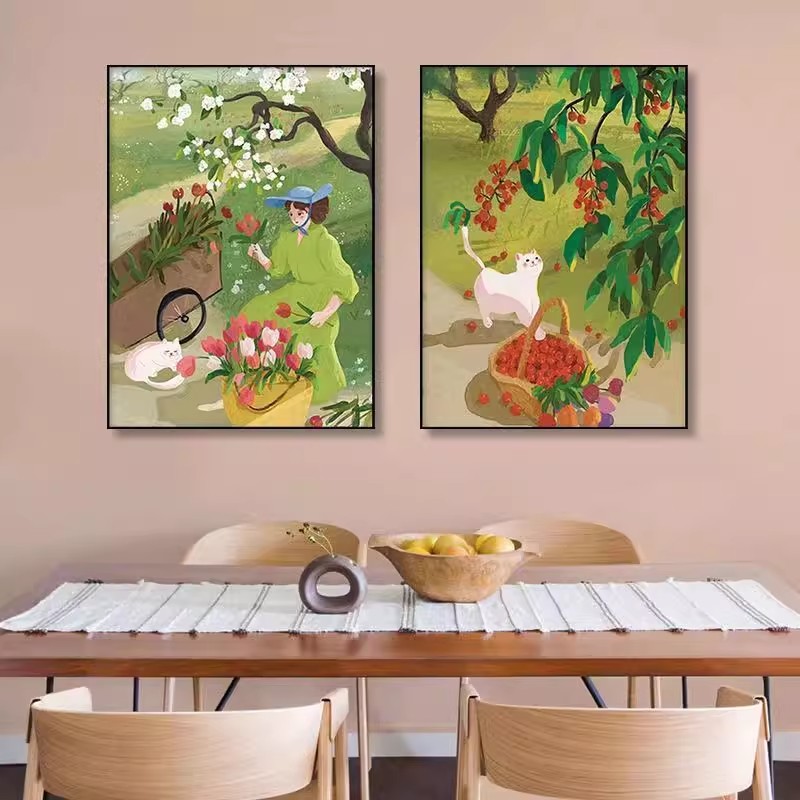 春日女孩猫咪装饰画仿油画风景小清新温馨唯美治愈卧室客厅摆挂画图片