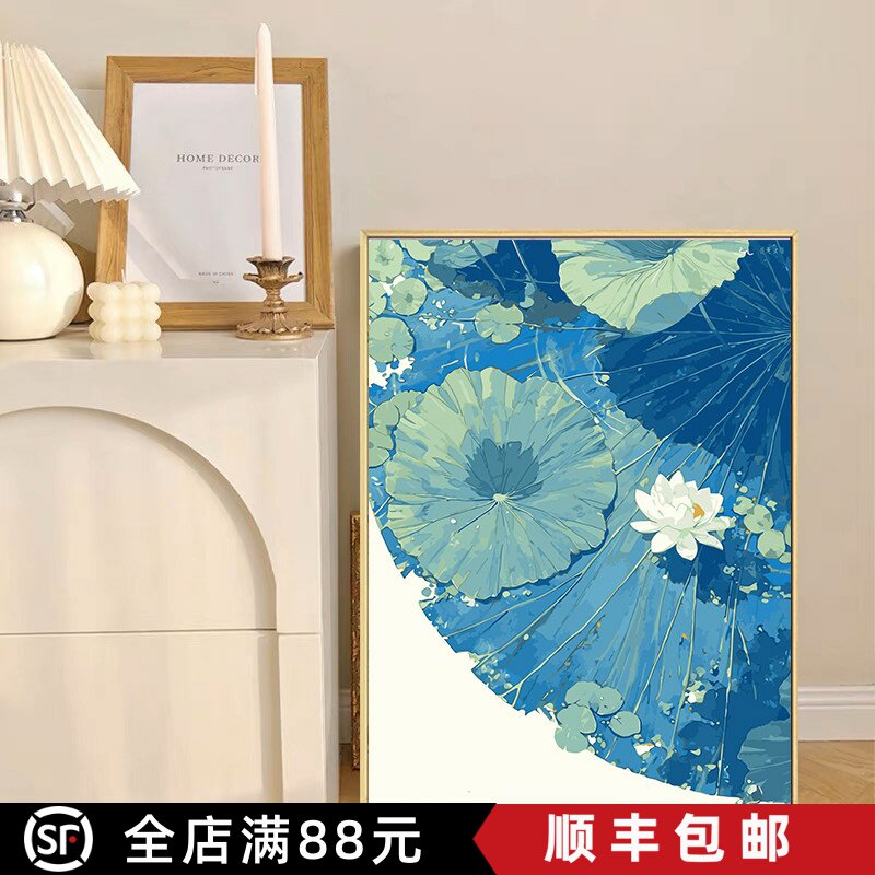 国风高级感荷花成品装饰画仿油画风景清新睡莲唯美卧室客厅摆挂画
