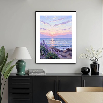 现代简约创意海景装饰画紫色系薰衣草高级感风景唯美卧室客厅挂画
