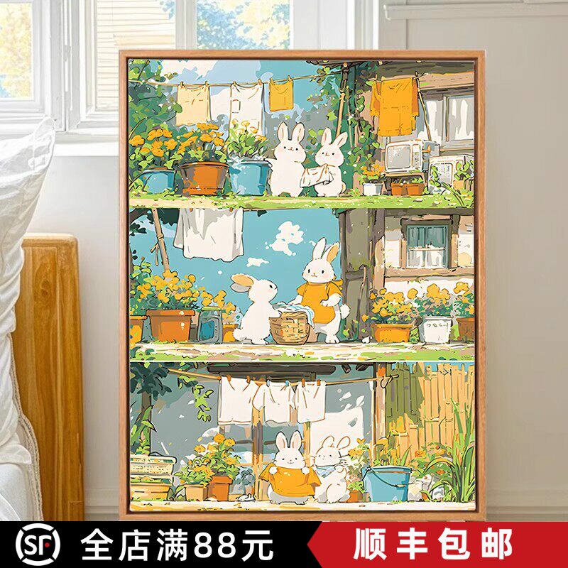 夏天猫咪兔子宫崎骏装饰画卡通可爱小动物风景成品卧室客厅摆挂画