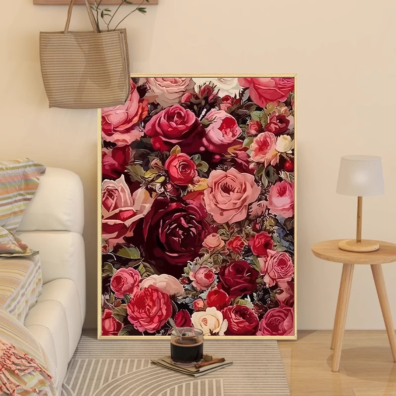 繁花似锦玫瑰花卉成品装饰画仿油画风景唯美高级感卧室客厅摆挂画图片