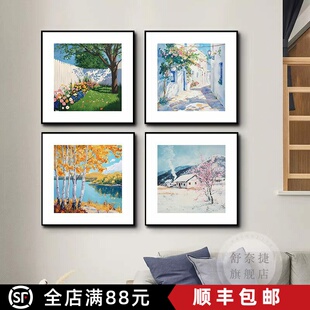 春夏秋冬四季装饰画方形仿油画现代简约风景高级感卧室客厅摆挂画