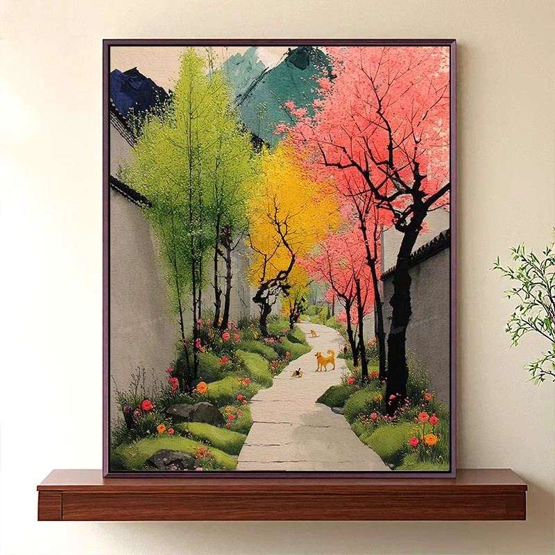 斑斓小径装饰画成品仿油画风景树国风新中式唯美餐厅卧室客厅挂画图片