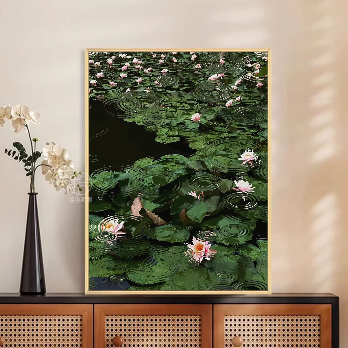 夏日荷塘成品装饰画仿油画风景复古小众高级感唯美卧室客厅摆挂画图片