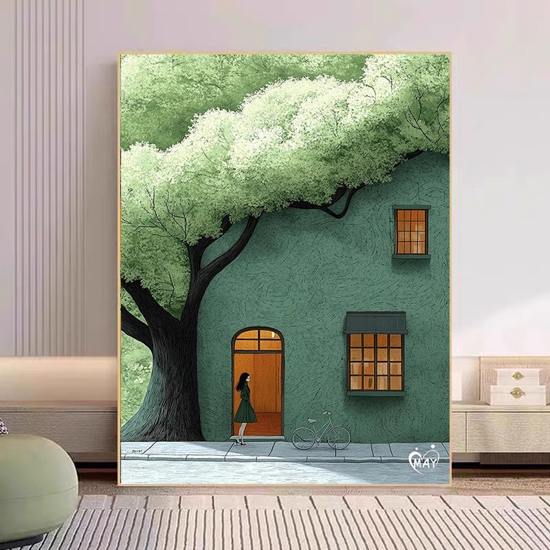 绿色房子成品装饰画卡通森林小屋清新治愈仿油画风景卧室客厅挂画图片