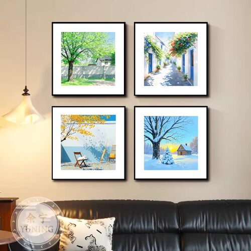 春夏秋冬方形简约装饰画现代风景小清新唯美高级感卧室客厅摆挂画