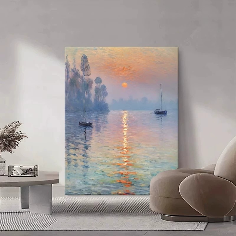 莫奈日出简约装饰画成品仿油画喷绘高清小众高级感卧室客厅摆挂画