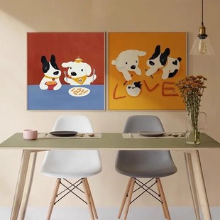 卡通挂画幸福物语抽象狗狗一家人儿童房装饰画ins风客厅沙发壁画