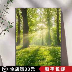 林间晨曦装饰画成品仿油画风景治愈系唯美意境绿色卧室客厅摆挂画