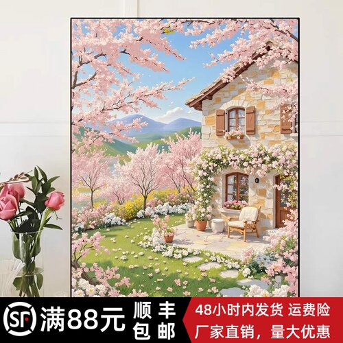 欧式桃花治愈清新装饰画成品仿油画风景唯美高级感卧室客厅摆挂画