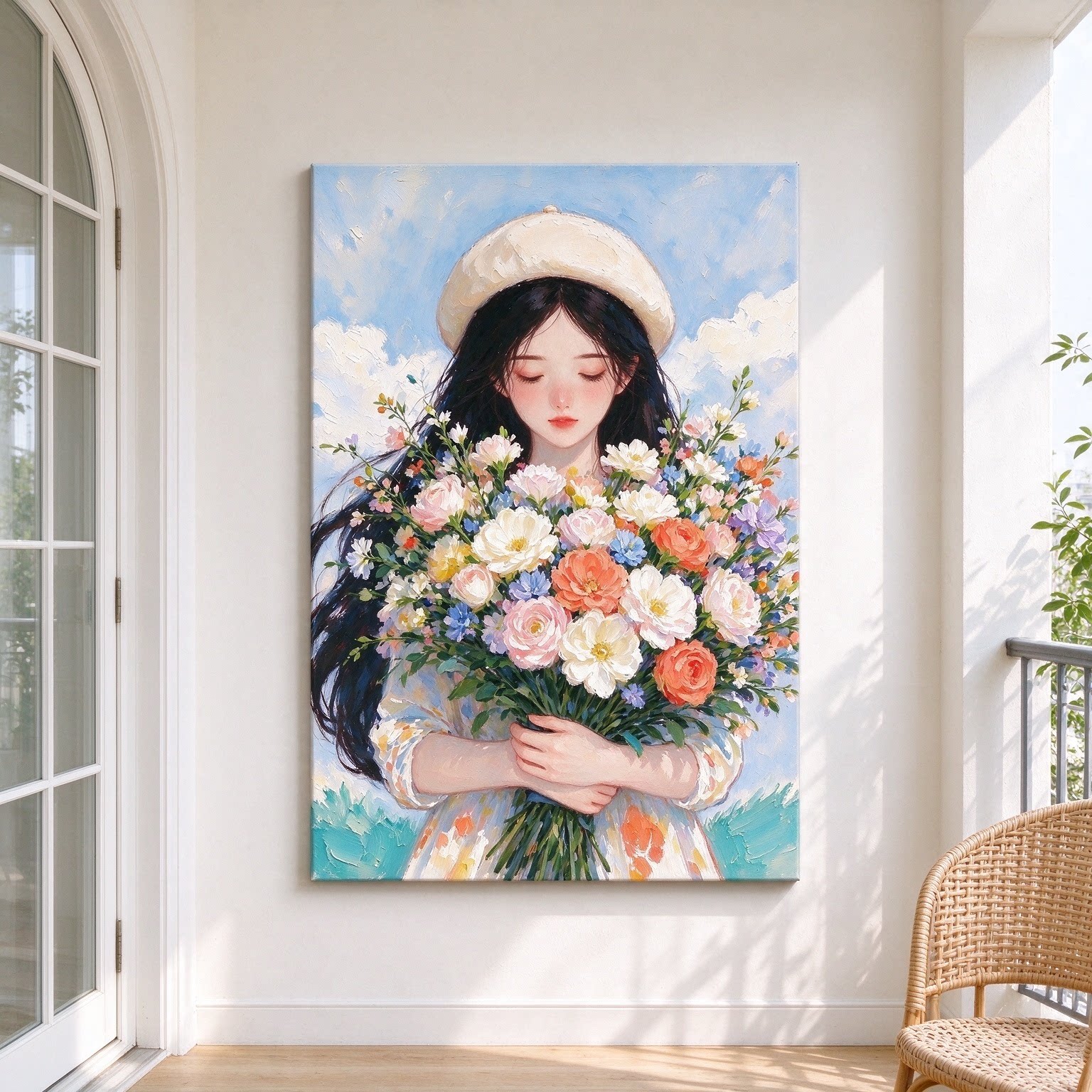 晴空花束少女装饰画仿油画清新治愈系捧花长发少女卧室客厅摆挂画