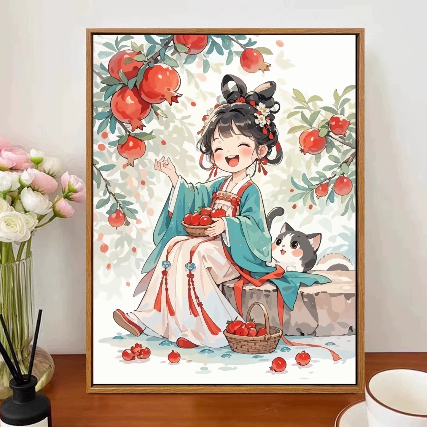 古风石榴小女孩装饰画卡通国风仿油画成品可爱儿童卧室客厅摆挂画