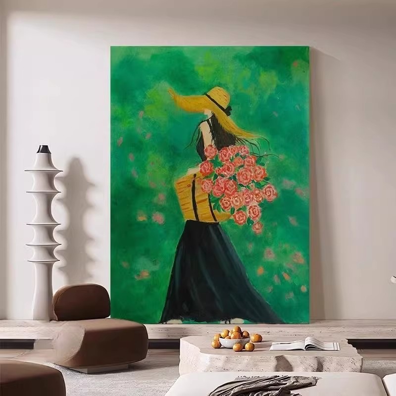 少女绿色花卉装饰画仿油画小众文艺简约创意高级感卧室客厅摆挂画