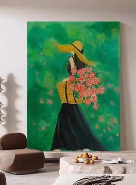 少女绿色花卉装饰画仿油画小众文艺简约创意高级感卧室客厅摆挂画