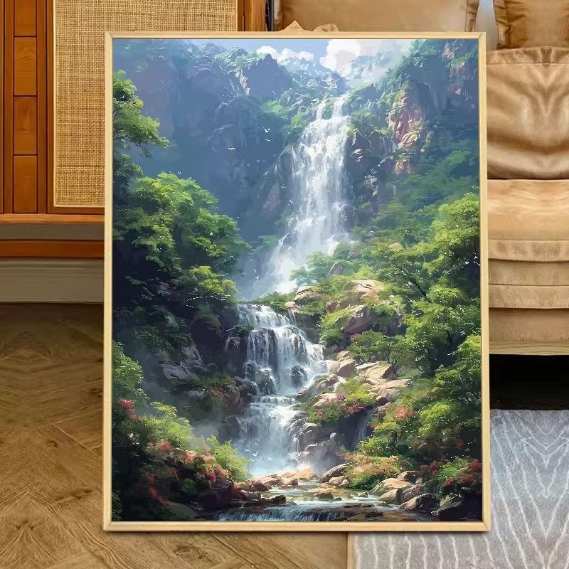 中国风流水生财瀑布装饰画成品仿油画风景山水高级感卧室客厅挂画