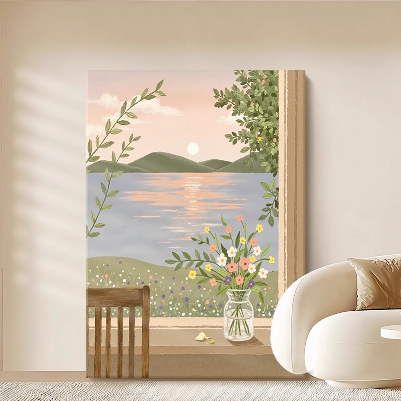窗外风景装饰画成品仿油画花卉日落唯美治愈小清新卧室客厅摆挂画图片
