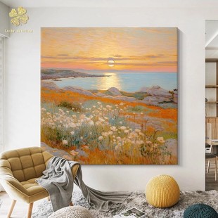 莫奈海上日出装 饰画方形仿油画风景成品复古唯美高级卧室客厅挂画