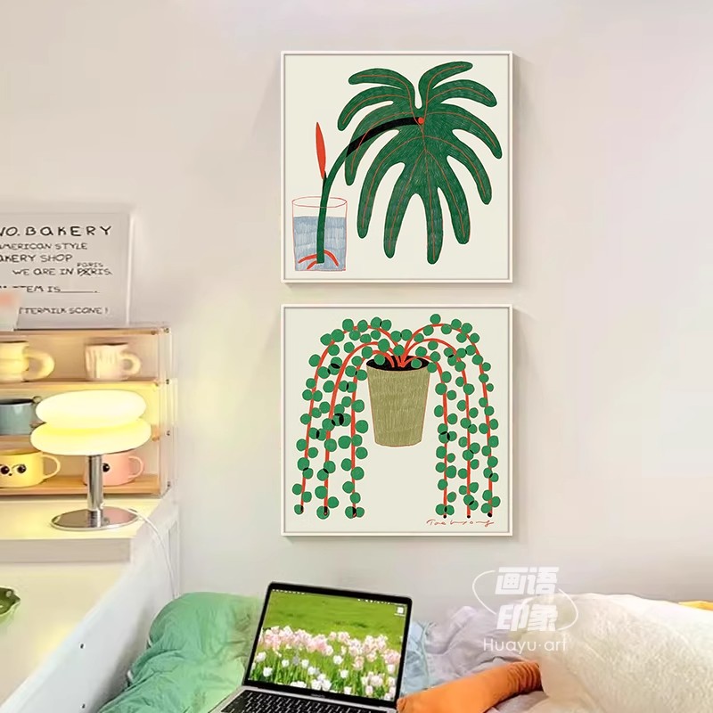 北欧风植物小清新装饰画方形抽象简约高级感奶油原木卧室客厅挂画图片