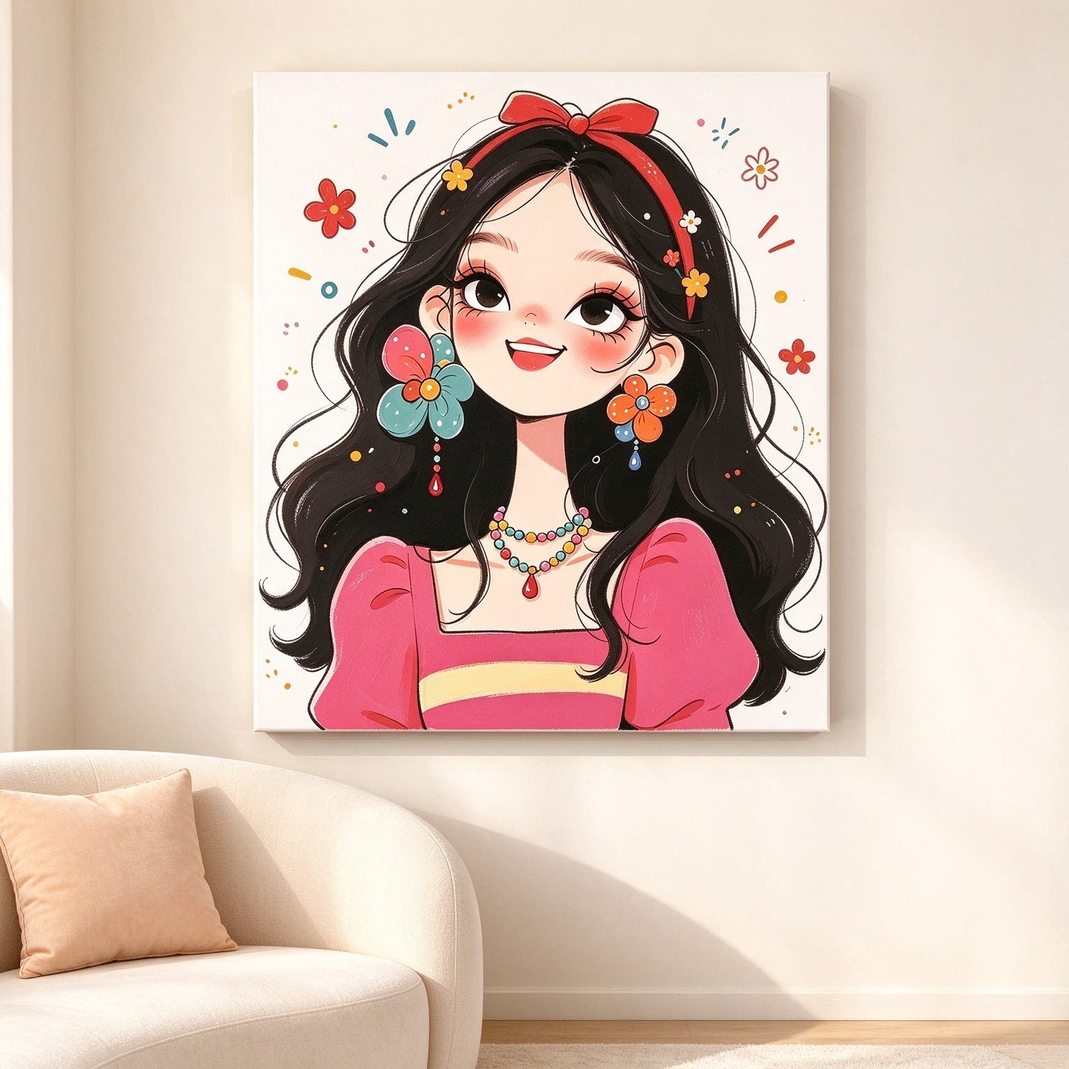 可爱俏皮灵动美少女装饰画仿油画多巴胺软萌小女孩卧室客厅摆挂画