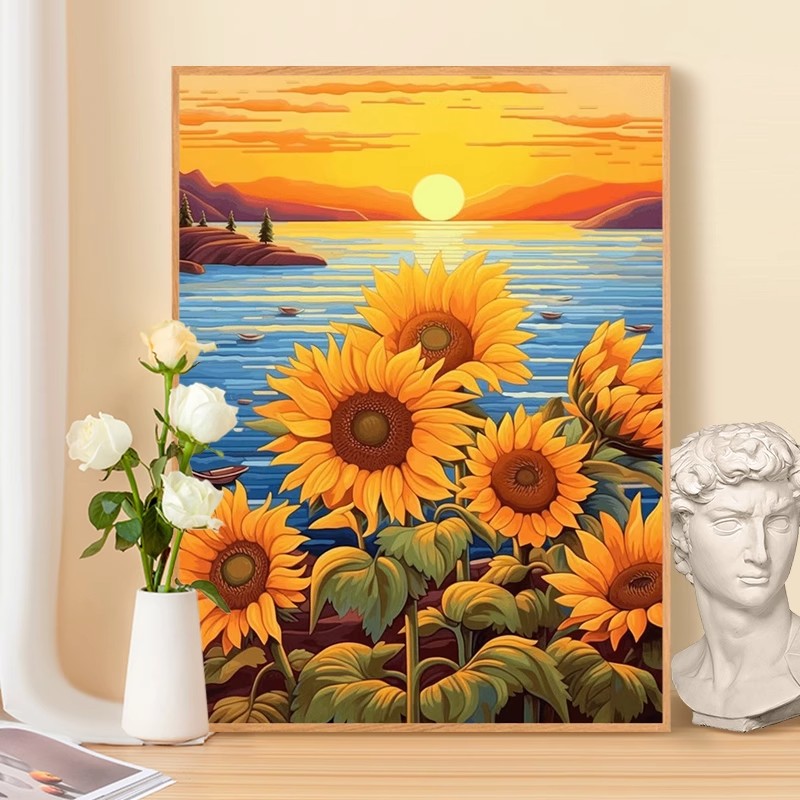 梵高向日葵装饰画夕阳风景唯美花卉治愈油画风成品卧室客厅摆挂画图片