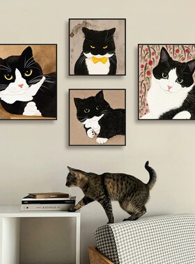 黑白奶牛猫咪方形装饰画卡通可爱温馨治愈简约卧室餐厅客厅摆挂画