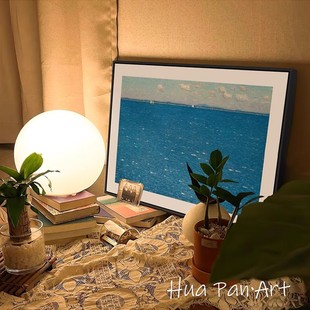 北欧ins风 蓝色大海装饰画横版现代简约风景唯美高级卧室客厅挂画
