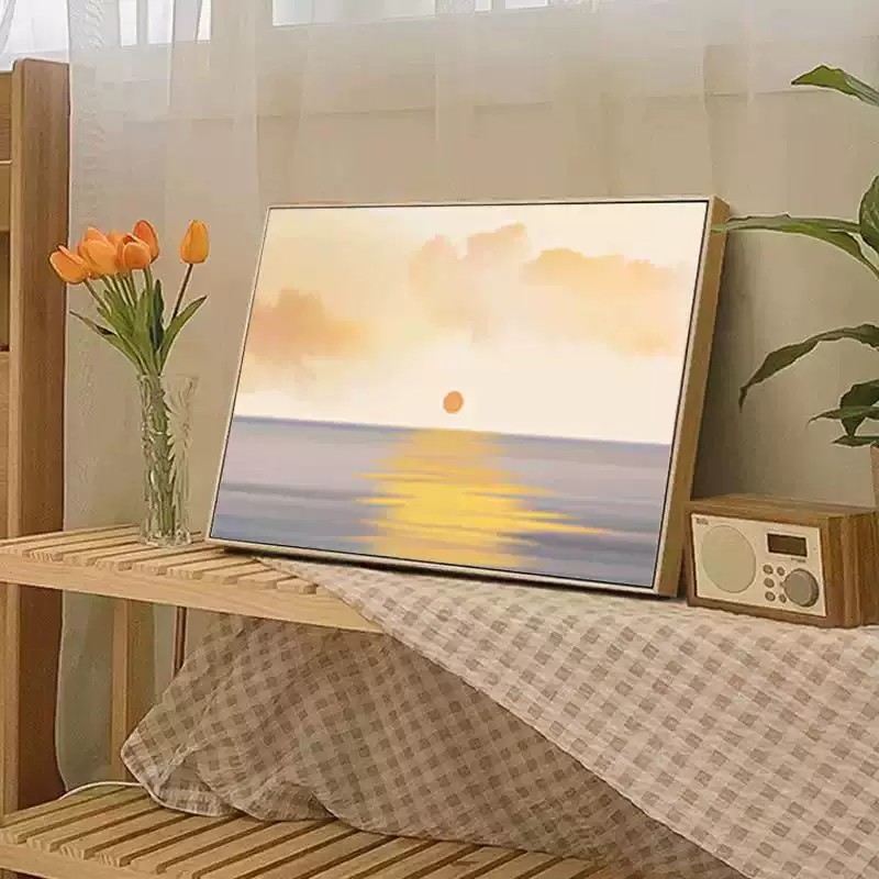 北欧海上日出横版装饰画简约仿油画风景唯美治愈系卧室客厅摆挂画