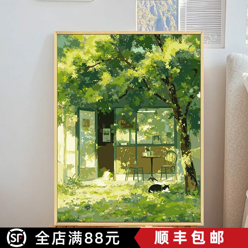 宫崎骏夏日小店绿色装饰画成品仿油画风景唯美清新卧室客厅摆挂画