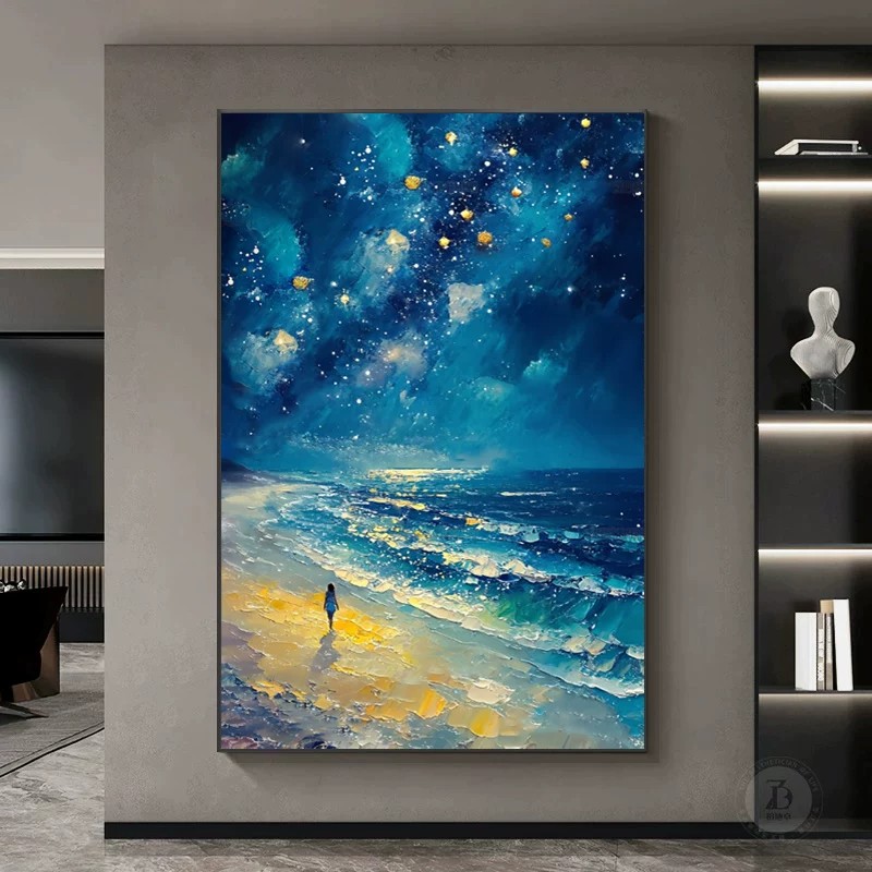 梵高星空海景装饰画仿油画风景成品小众高级感艺术卧室客厅摆挂画
